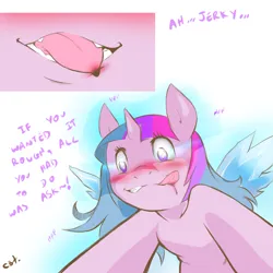 Size: 1050x1050 | Tagged: suggestive, artist:cold-blooded-twilight, derpibooru import, part of a set, twilight sparkle, anthro, pegasus, unicorn, blood, blushing, comic, g4, horn, image, png, sexual harassment, speech bubble, tongue out, vulgar