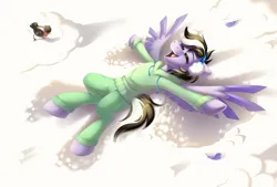 Size: 3400x2300 | Tagged: safe, artist:rtootb, derpibooru import, oc, oc:violett spectrum, bird, pegasus, pony, clothes, cute, eyes closed, happy, high res, image, lying down, male, on back, open mouth, pegasus oc, png, snow, snow angel, solo, stallion, wings
