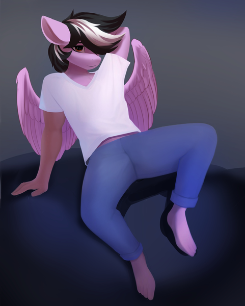Size: 1732x2160 | Tagged: safe, artist:delta hronum, derpibooru import, oc, oc:violett spectrum, unofficial characters only, anthro, clothes, image, male, png, sitting, spread legs, spread wings, spreading, wings