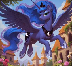 Size: 1112x1024 | Tagged: prompter needed, source needed, safe, ai content, derpibooru import, machine learning generated, stable diffusion, princess luna, alicorn, crown, flying, g4, generator:pony diffusion v6 xl, image, jewelry, looking at you, outdoors, png, regalia, smiling, smiling at you, spread wings, wings