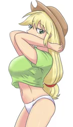 Size: 1913x3307 | Tagged: suggestive, artist:sumin6301, derpibooru import, applejack, human, equestria girls, 2d, applejack's hat, bedroom eyes, belly button, breasts, busty applejack, clothes, cowboy hat, freckles, g4, hat, image, jpeg, legs, looking at you, midriff, panties, simple background, solo, thighs, underwear, white background