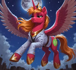 Size: 1112x1024 | Tagged: prompter needed, source needed, safe, ai content, derpibooru import, machine learning generated, stable diffusion, big macintosh, alicorn, alicornified, g4, generator:pony diffusion v6 xl, image, night, png, princess big mac, race swap, spread wings, wings