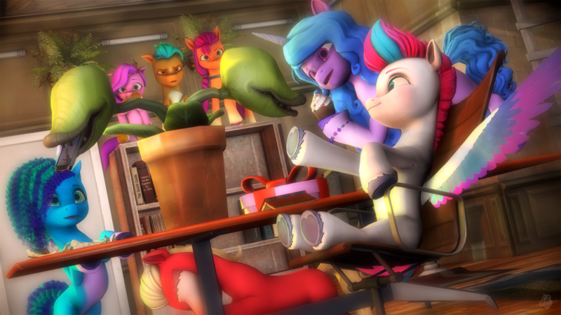 Size: 1920x1080 | Tagged: safe, artist:maxressor, derpibooru import, hitch trailblazer, izzy moonbow, pipp petals, sprout cloverleaf, sunny starscout, zipp storm, earth pony, pegasus, pony, unicorn, g5, my little pony: tell your tale, 3d, applejack (g5), belly, bone, book, cake, carnivorous plant, chair, concave belly, cupcake, door, female, fluttershy (g5), food, hoof heart, hooves on the table, horn, image, lamp, male, mane five, mane six (g5), mare, misty brightdawn, pale belly, phone, pica, pinkie pie (g5), plant, png, present, rainbow dash (g5), rarity (g5), sitting, source filmmaker, spread wings, stallion, table, twilight sparkle (g5), underhoof, upside-down hoof heart, varying degrees of want, wings