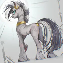 Size: 1440x1440 | Tagged: safe, artist:505p0ni, derpibooru import, oc, unofficial characters only, pony, zebra, abstract background, butt, ear piercing, earring, female, image, jewelry, jpeg, leg fluff, looking back, mare, necklace, piercing, plot, rear view, ring, solo, tail, tail ring, unshorn fetlocks