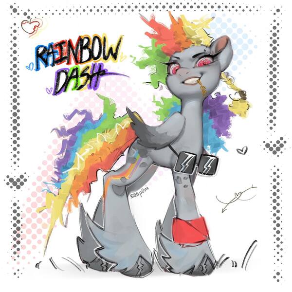 Size: 1440x1440 | Tagged: safe, artist:505p0ni, derpibooru import, rainbow dash, pegasus, pony, abstract background, alternate design, armband, cloven hooves, eyebrow piercing, female, g4, image, jpeg, mare, piercing, solo, straw in mouth, sunglasses, twitterina design, unshorn fetlocks