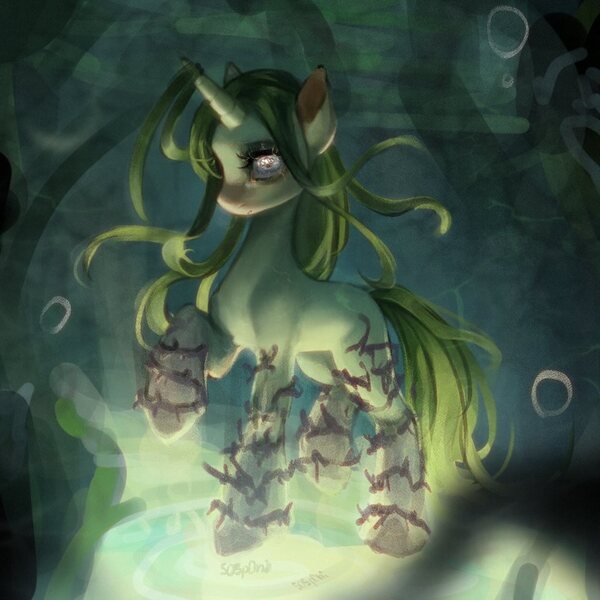 Size: 1024x1024 | Tagged: safe, artist:505p0ni, derpibooru import, oc, unofficial characters only, pony, unicorn, abstract background, female, horn, image, jpeg, mare, solo, thorn, underwater, vine, water