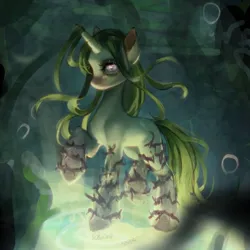 Size: 1024x1024 | Tagged: safe, artist:505p0ni, derpibooru import, oc, unofficial characters only, pony, unicorn, abstract background, female, horn, image, jpeg, mare, solo, thorn, underwater, vine, water