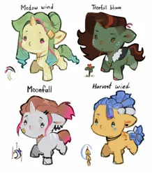 Size: 1440x1654 | Tagged: safe, artist:505p0ni, derpibooru import, oc, oc:harvest wind, oc:medow wind, oc:moonfall, oc:treefall bloom, unofficial characters only, earth pony, pegasus, pony, unicorn, adoptable, cape, clothes, ear piercing, earring, female, hairclip, horn, image, jewelry, jpeg, mare, necklace, piercing, simple background, undercut, white background
