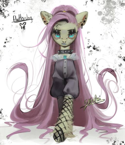 Size: 1440x1677 | Tagged: safe, artist:505p0ni, derpibooru import, fluttershy, pegasus, pony, abstract background, bridge piercing, choker, clothes, dress, ear piercing, earring, eyebrow piercing, face tattoo, female, fishnets, fluttergoth, image, jewelry, jpeg, mare, nose piercing, piercing, spiked choker, tattoo, unshorn fetlocks