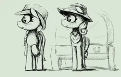 Size: 345x221 | Tagged: safe, artist:xallaanacyoxcyor, derpibooru import, oc, unofficial characters only, earth pony, pony, cart, duo, female, hat, image, mare, monochrome, neckerchief, png, sketch