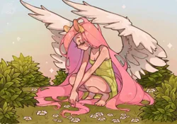 Size: 2048x1431 | Tagged: safe, artist:mika01shiyaaa, derpibooru import, fluttershy, human, clothes, crouching, dress, eared humanization, eyes closed, female, humanized, image, jpeg, solo, spread wings, winged humanization, wings
