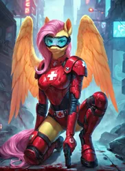 Size: 1024x1408 | Tagged: semi-grimdark, ai content, derpibooru import, machine learning generated, prompter:star-dragon, stable diffusion, fluttershy, anthro, pegasus, armor, blood, breasts, busty fluttershy, cyberpunk, g4, generator:pony diffusion v6 xl, image, medic, png, street, visor