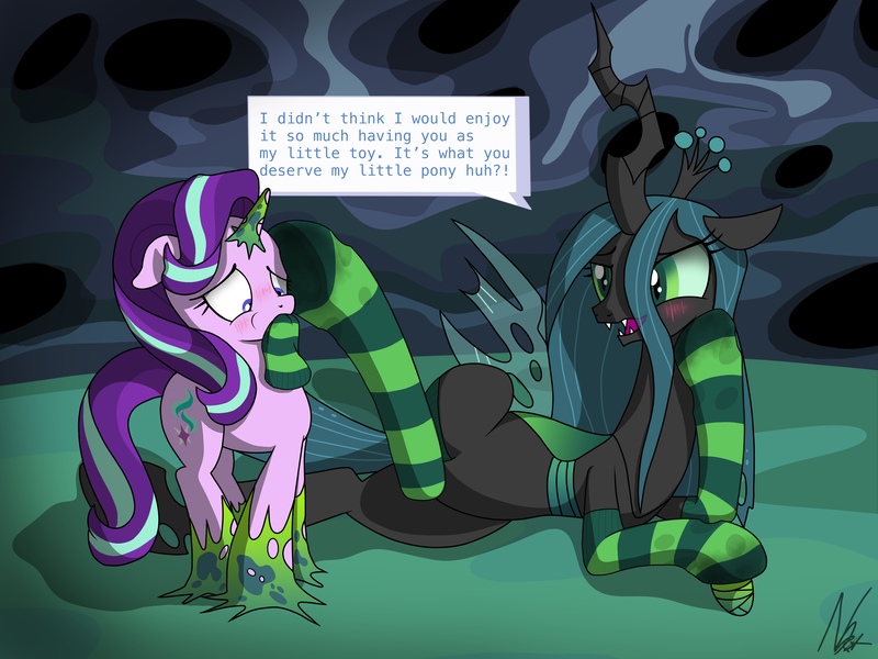 Size: 4000x3000 | Tagged: suggestive, artist:noomeralf, derpibooru import, queen chrysalis, starlight glimmer, changeling, changeling queen, pony, unicorn, blushing, bondage, captured, changeling egg, changeling hive, changeling slime, clothes, crown, dirty socks, egg, female, femsub, fetish, floppy ears, frog (hoof), g4, gag, hoof fetish, hoof on face, hooves, horn, image, insect wings, jewelry, magic suppression, mare, png, regalia, slime, sock fetish, sock gag, sock in mouth, socks, speech bubble, sticky, sublight glimmer, submissive, teasing, underhoof, wings