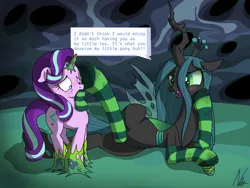 Size: 4000x3000 | Tagged: suggestive, artist:noomeralf, derpibooru import, queen chrysalis, starlight glimmer, changeling, changeling queen, pony, unicorn, blushing, bondage, captured, changeling egg, changeling hive, changeling slime, clothes, crown, dirty socks, egg, female, femsub, fetish, floppy ears, frog (hoof), g4, gag, hoof fetish, hoof on face, hooves, horn, image, insect wings, jewelry, magic suppression, mare, png, regalia, slime, sock fetish, sock gag, sock in mouth, socks, speech bubble, sticky, sublight glimmer, submissive, teasing, underhoof, wings