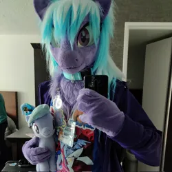 Size: 2048x2048 | Tagged: safe, artist:essorille, artist:nevermournmusic, derpibooru import, cloudchaser, pony, badge, bust, collar, convention, fursuit, holding a plushie, holding a pony, image, irl, jpeg, photo, plushie, ponysuit, portrait, self plushidox, selfie, solo, whinny city pony con