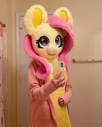 Size: 1440x1800 | Tagged: safe, artist:limeythecheetah, derpibooru import, fluttershy, fursuit, image, indoors, irl, jpeg, mobile phone, phone, photo, ponysuit, selfie, solo