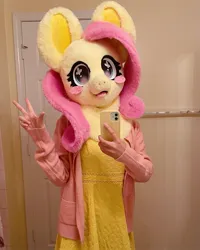 Size: 1440x1800 | Tagged: safe, artist:limeythecheetah, derpibooru import, fluttershy, blushing, fursuit, image, indoors, irl, jpeg, mobile phone, phone, photo, ponysuit, selfie, solo