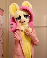 Size: 1440x1800 | Tagged: safe, artist:limeythecheetah, derpibooru import, fluttershy, fursuit, image, indoors, irl, jpeg, mobile phone, phone, photo, ponysuit, sad, selfie, solo