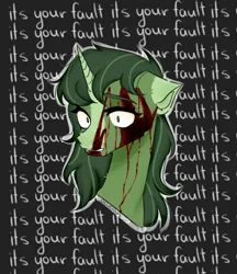 Size: 2000x2311 | Tagged: semi-grimdark, derpibooru import, oc, oc:michelle, unicorn, blood, bust, horn, image, png, portrait, scared, solo