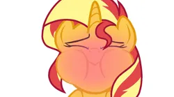 Size: 1620x902 | Tagged: safe, derpibooru import, edit, edited screencap, part of a set, screencap, sunset shimmer, pony, unicorn, equestria girls, sweet and elite, blushing, closed mouth, eyes closed, female, g4, holding breath, horn, image, mare, png, puffy cheeks, red face, simple background, solo, white background