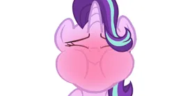 Size: 1620x902 | Tagged: safe, derpibooru import, edit, edited screencap, part of a set, screencap, starlight glimmer, pony, unicorn, sweet and elite, blushing, closed mouth, eyes closed, female, g4, holding breath, horn, image, mare, png, puffy cheeks, red face, simple background, solo, white background