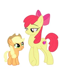 Size: 3148x3705 | Tagged: safe, artist:xinjinjumin293104353261, derpibooru import, apple bloom, applejack, earth pony, pony, age swap, apple sisters, duo, female, filly, filly applejack, image, looking at each other, looking at someone, older, older apple bloom, png, role reversal, siblings, simple background, sisters, smiling, smiling at each other, white background, younger