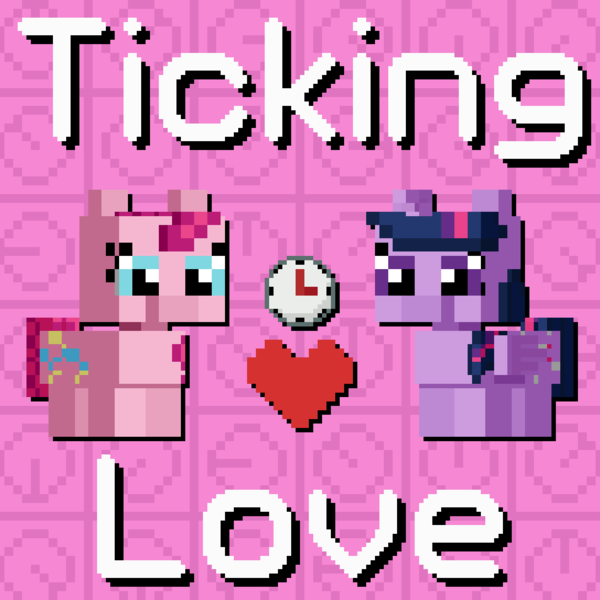 Size: 1088x1088 | Tagged: safe, artist:silk-rose, derpibooru import, pinkie pie, twilight sparkle, twilight sparkle (alicorn), alicorn, clock, cover, cover art, drop shadow, heart, image, love and tolerance resource pack, minecraft, pixel art, png, text, tiled background