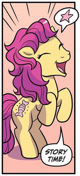 Size: 611x1334 | Tagged: safe, artist:michela cacciatore, derpibooru import, idw, bon bon (g1), earth pony, pony, g1, my little pony tales, my little pony: generations, spoiler:comic, spoiler:comicgenerations04, bipedal, dialogue, emanata, female, generation leap, gradient background, image, jpeg, mare, solo, speech bubble