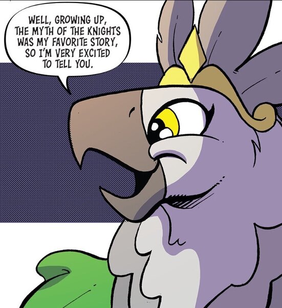 Size: 750x816 | Tagged: safe, artist:andypriceart, derpibooru import, idw, anthro, bird, spoiler:comic, spoiler:comic99, bust, dialogue, female, g4, image, jpeg, ornithian, portrait, princess ocypete, season 10, simple background, solo, speech bubble