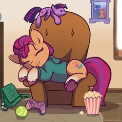 Size: 2048x2048 | Tagged: safe, artist:pfeffaroo, derpibooru import, sunny starscout, twilight sparkle, twilight sparkle (alicorn), alicorn, earth pony, pony, g5, my little pony: a new generation, argyle starshine, armchair, bag, ball, chair, clothes, commission, controller, cute, fangirl, food, high res, hoodie, image, in-universe pegasister, photo, plushie, png, popcorn, sleeping, smiling, solo, sunny and her heroine, sunnybetes, sweet dreams fuel, tennis ball, twilight sparkle plushie, unshorn fetlocks, ych example, your character here
