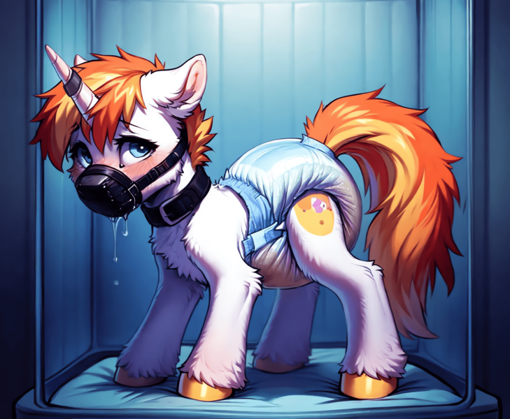 Size: 2176x1792 | Tagged: questionable, ai content, derpibooru import, machine learning generated, stable diffusion, oc, oc:falael, unofficial characters only, pony, unicorn, series:aigdp, asylum, blushing, collar, derpibooru exclusive, detailed background, diaper, diaper fetish, diaper slave, diaper usage, diapered, drool, drool string, ear fluff, female, femsub, fetish, floppy ears, full diaper, gag, high res, hooves, horn, horn ring, humiliation, image, indoors, jewelry, looking at you, magic suppression, mare, messy diaper, muzzle gag, non-baby in diaper, orange hair, orange mane, orange tail, padded cell, peeing in diaper, pissing, png, prompter:mechanic31, ring, soaked diaper, solo, solo female, story included, submissive, tail, unshorn fetlocks, upscaled, urine, used diaper, using diaper, wet diaper, white coat, white fur