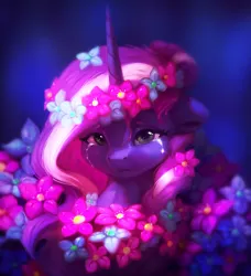 Size: 2241x2453 | Tagged: safe, artist:itssim, derpibooru import, oc, oc:mercurial, unofficial characters only, pony, unicorn, bust, crying, emotional, female, floral head wreath, flower, horn, image, looking at you, mare, png, portrait, sad, solo, wreath