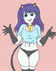 Size: 2150x2709 | Tagged: suggestive, artist:sumin6301, derpibooru import, rarity, cat, human, equestria girls, bell, bell collar, belly button, belly piercing, black panties, black underwear, breasts, busty rarity, cat ears, catgirl, clothes, collar, eyebrows, eyebrows visible through hair, female, g4, grin, image, jpeg, legs together, lipstick, looking at you, panties, piercing, raricat, shirt, simple background, smiling, smiling at you, socks, solo, solo female, striped socks, teeth, underwear