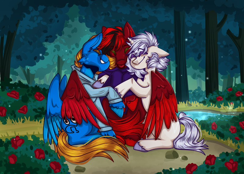 Size: 3500x2500 | Tagged: safe, artist:cinnamonbeer, derpibooru import, oc, oc:candleleaf, oc:rio tunehoof, oc:zom rosefall, unofficial characters only, pegasus, pony, unicorn, background, cuddling, cute, happy, horn, hug, image, png, smiling, spread wings, wings