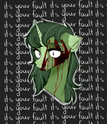 Size: 2000x2311 | Tagged: semi-grimdark, artist:delicious, derpibooru import, oc, oc:michelle, unicorn, blood, bust, horn, image, png, scared