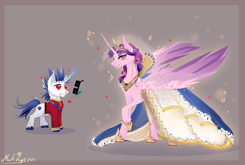 Size: 4208x2844 | Tagged: safe, artist:martazap3, derpibooru import, princess cadance, shining armor, alicorn, pony, unicorn, clothes, dress, duo, duo male and female, female, heart, heart eyes, horn, image, jewelry, jpeg, large wings, male, mare, meme, princess, ring, ship:shiningcadance, shipping, straight, sunglasses, the bride and the ugly ass groom, veil, wedding dress, wedding ring, wedding veil, wingding eyes, wings