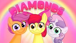 Size: 686x386 | Tagged: artist needed, source needed, safe, derpibooru import, apple bloom, scootaloo, sweetie belle, cutie mark crusaders, diamonds hd, image, jpeg, looking at you, rainbow, smiling, smiling at you, thumbnail, trio