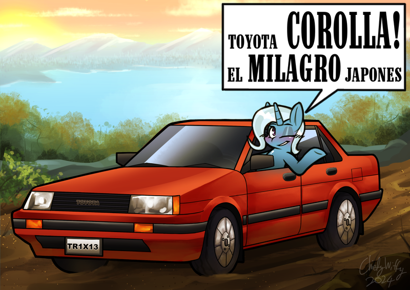 Size: 1403x992 | Tagged: safe, artist:chiefywiffy, derpibooru import, trixie, unicorn, caption, car, female, horn, image, png, solo, spanish, text, toyota corolla