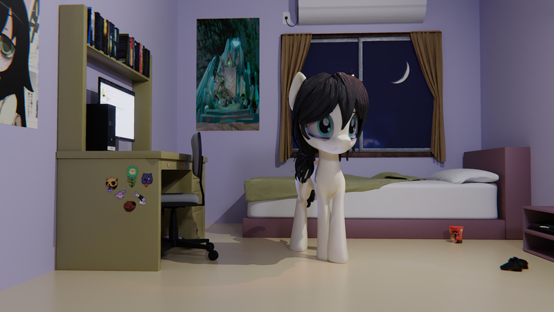 Size: 3840x2160 | Tagged: safe, artist:dieanondie, derpibooru import, oc, oc:floor bored, unofficial characters only, 3d, bed, big head, blender, book, bookshelf, chair, computer, image, moon, png, solo, table, window