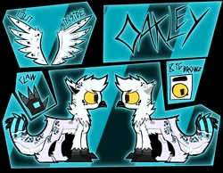 Size: 3408x2644 | Tagged: safe, artist:xxv4mp_g4z3rxx, derpibooru import, oc, unofficial characters only, gryphon, big tail, claws, colored sclera, griffon oc, image, leopard print, mullet, nonbinary, png, reference sheet, solo, spread wings, tail, wings, yellow sclera