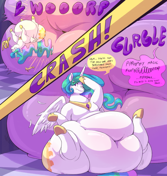 Size: 2838x3000 | Tagged: questionable, artist:graphenescloset, artist:sirmasterdufel, derpibooru import, princess celestia, twilight sparkle, twilight sparkle (alicorn), alicorn, pony, series:twilight h&h blorp program, belly, belly button, big belly, blob, blushing, chubbylestia, collaboration, dialogue, duo, fat, huge belly, image, impossibly large belly, incentive drive, morbidly obese, obese, png, stomach noise, twilard sparkle, weight gain, weight gain sequence