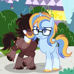 Size: 1440x1440 | Tagged: safe, artist:cosmichorrawr, derpibooru import, oc, unofficial characters only, pegasus, pony, unicorn, base used, brown coat, duo, glasses, hooves, horn, image, jpeg, pegasus oc, unicorn oc, wings