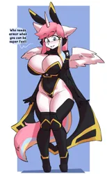 Size: 1387x2250 | Tagged: suggestive, artist:borvar, derpibooru import, oc, oc:nekonin, alicorn, anthro, armor, big breasts, blushing, boots, breasts, bunny ears, bunny suit, busty boy, cape, clothes, dialogue, femboy, gloves, helldivers, helldivers 2, high heel boots, high heels, huge breasts, image, intersex, male, png, shoes