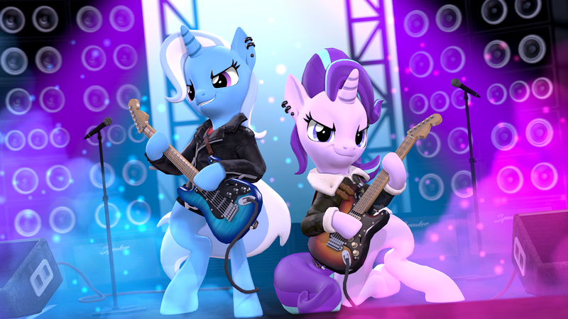 Size: 3840x2160 | Tagged: safe, artist:owlpirate, derpibooru import, starlight glimmer, trixie, pony, unicorn, 3d, 4k, bipedal, clothes, dexterous hooves, duo, duo female, electric guitar, female, grin, guitar, high res, hoof hold, horn, image, jacket, leather, leather jacket, mare, microphone, musical instrument, png, smiling, source filmmaker, stage