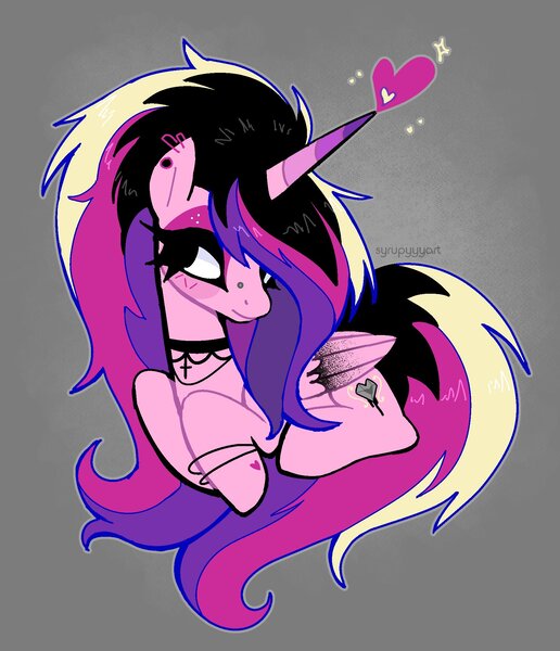 Size: 1771x2059 | Tagged: safe, artist:syrupyyy, derpibooru import, princess cadance, alicorn, pony, alternate accessories, alternate hair color, alternate hairstyle, alternate tail color, alternate tailstyle, big eyes, blushing, bracelet, bridge piercing, choker, colored horn, colored wings, cross, cross necklace, dyed mane, dyed tail, ear piercing, earring, emo, eyeshadow, female, folded wings, g4, gauges, heart, heart mark, horn, image, jewelry, jpeg, lidded eyes, looking away, looking to the left, lying down, magic, makeup, mare, multicolored mane, multicolored tail, necklace, no catchlights, outline, piercing, pink coat, sideways glance, signature, sitting, smiling, solo, sparkles, tail, textured background, thick eyelashes, two toned wings, unicorn horn, wings