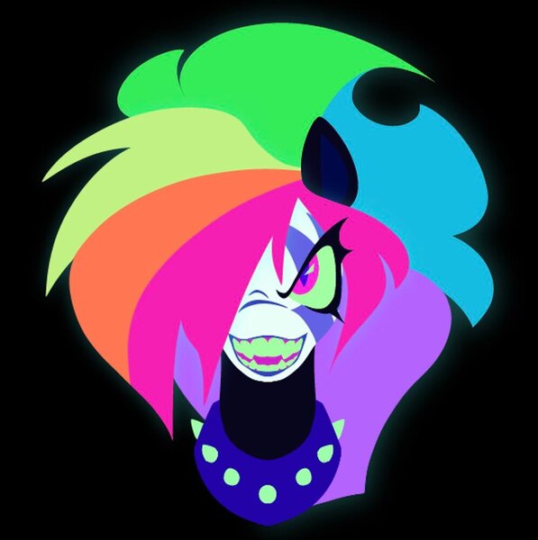 Size: 996x1001 | Tagged: safe, artist:partyponypower, derpibooru import, rainbow dash, pegasus, pony, black background, bust, collar, colored pinnae, colored pupils, colored sclera, colored teeth, eternal night au, evil grin, facial markings, fangs, female, front view, g4, glow, green sclera, grin, hair over one eye, image, jpeg, lineless, long mane, looking up, makeup, mare, multicolored hair, multicolored mane, narrowed eyes, nightmare rainbow dash, nightmarified, open mouth, open smile, pink eyes, rainbow hair, saturated, sharp teeth, simple background, slit pupils, smiling, solo, spiked collar, teeth, thick eyelashes, wingding eyes