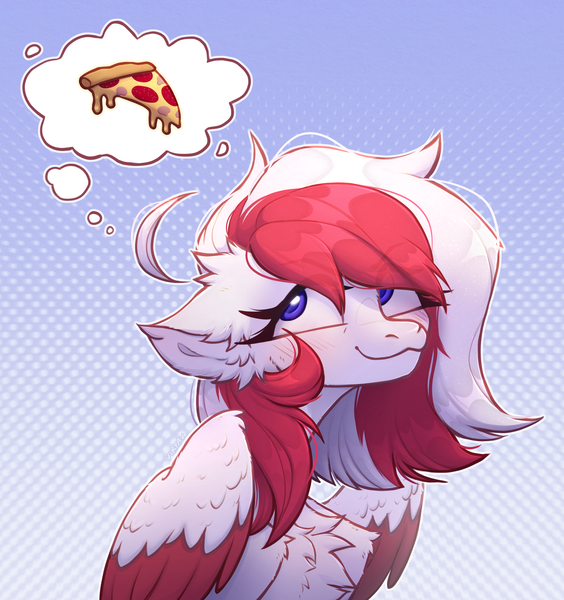 Size: 2818x3000 | Tagged: safe, artist:viryav, derpibooru import, oc, oc:red wine, unofficial characters only, pegasus, bust, chest fluff, colored wings, cute, digital art, food, gradient background, image, pegasus oc, pizza, png, portrait, solo, two toned mane, two toned wings, wings