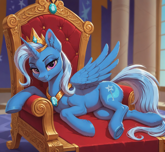 Size: 1112x1024 | Tagged: prompter needed, source needed, safe, ai content, derpibooru import, machine learning generated, stable diffusion, trixie, alicorn, crown, female, g4, generator:pony diffusion v6 xl, horn, image, jewelry, looking at you, lying down, png, regalia, smiling, smiling at you, throne