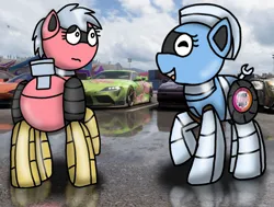 Size: 1429x1078 | Tagged: safe, artist:foxfer64_yt, derpibooru import, oc, oc:silverstream (robot pony), oc:trackhead, unofficial characters only, pony, robot, robot pony, duo, image, jpeg, raised hoof, rule 63, smiling