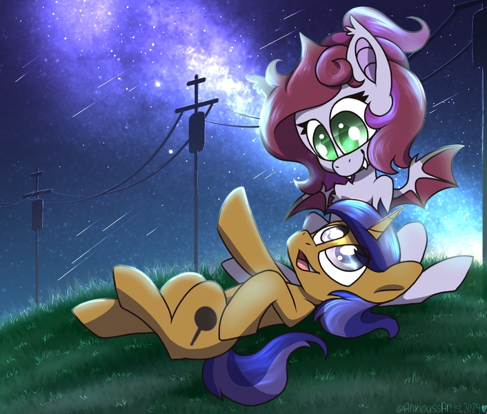Size: 2000x1700 | Tagged: safe, artist:anxioussartist, derpibooru import, oc, oc:jade jump, oc:lunar spice, unofficial characters only, bat pony, unicorn, big eyes, commission, horn, image, jadespice, jpeg, outdoors, starry night